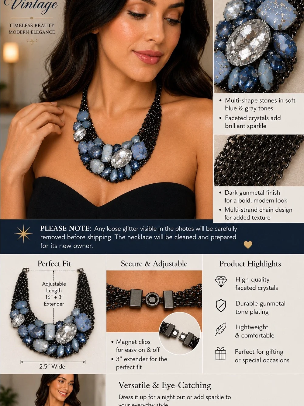 Vintage-Style Dark Gunmetal Multi-Blue Statement Necklace-Needs cleaning